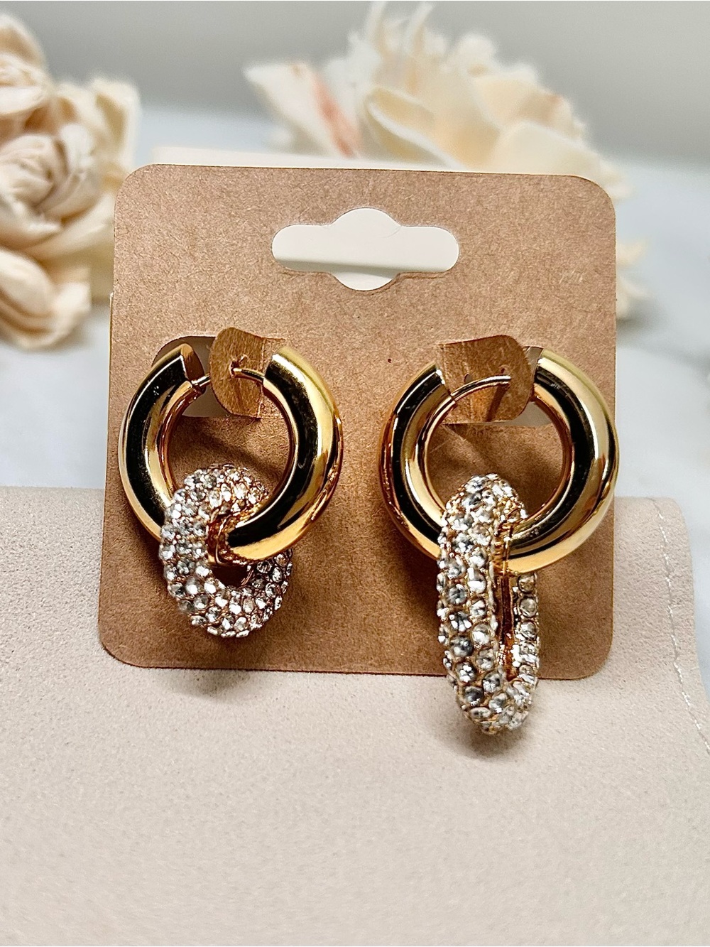 Chunky Geometric Gold Crystal Hoop Drop Earrings - Women's Jewelry